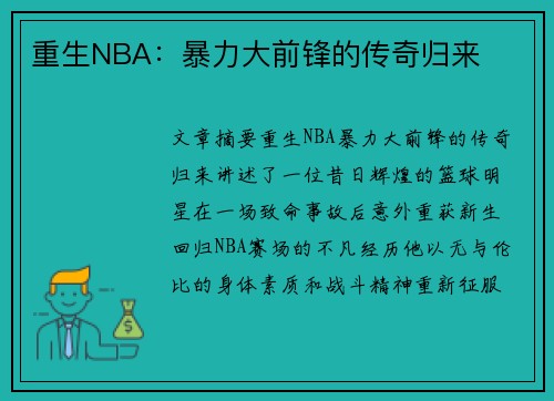 重生NBA：暴力大前锋的传奇归来